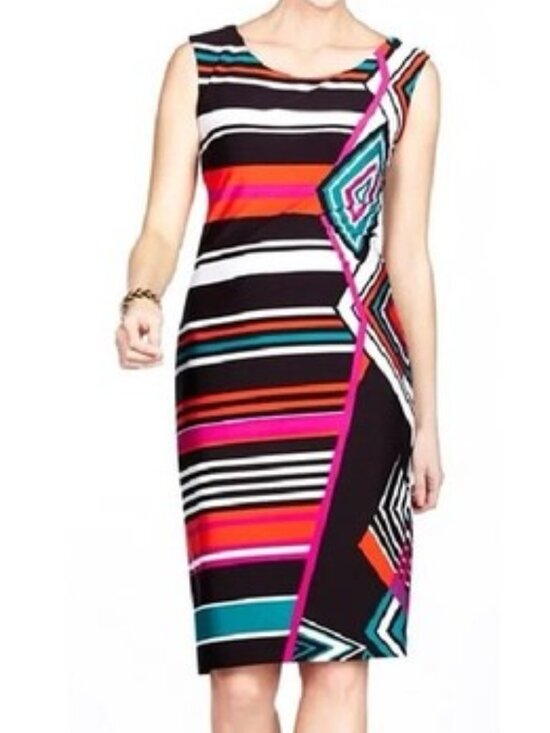 Cache Dresses & Skirts - Caché Sleeveless Midi Sheath Geometric Asymmetrical Striped Pattern Dress Sz 4